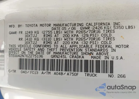 2006 Toyota Tacoma Base V6 from USA, damaged, VIN 5TEUU42N76Z275136